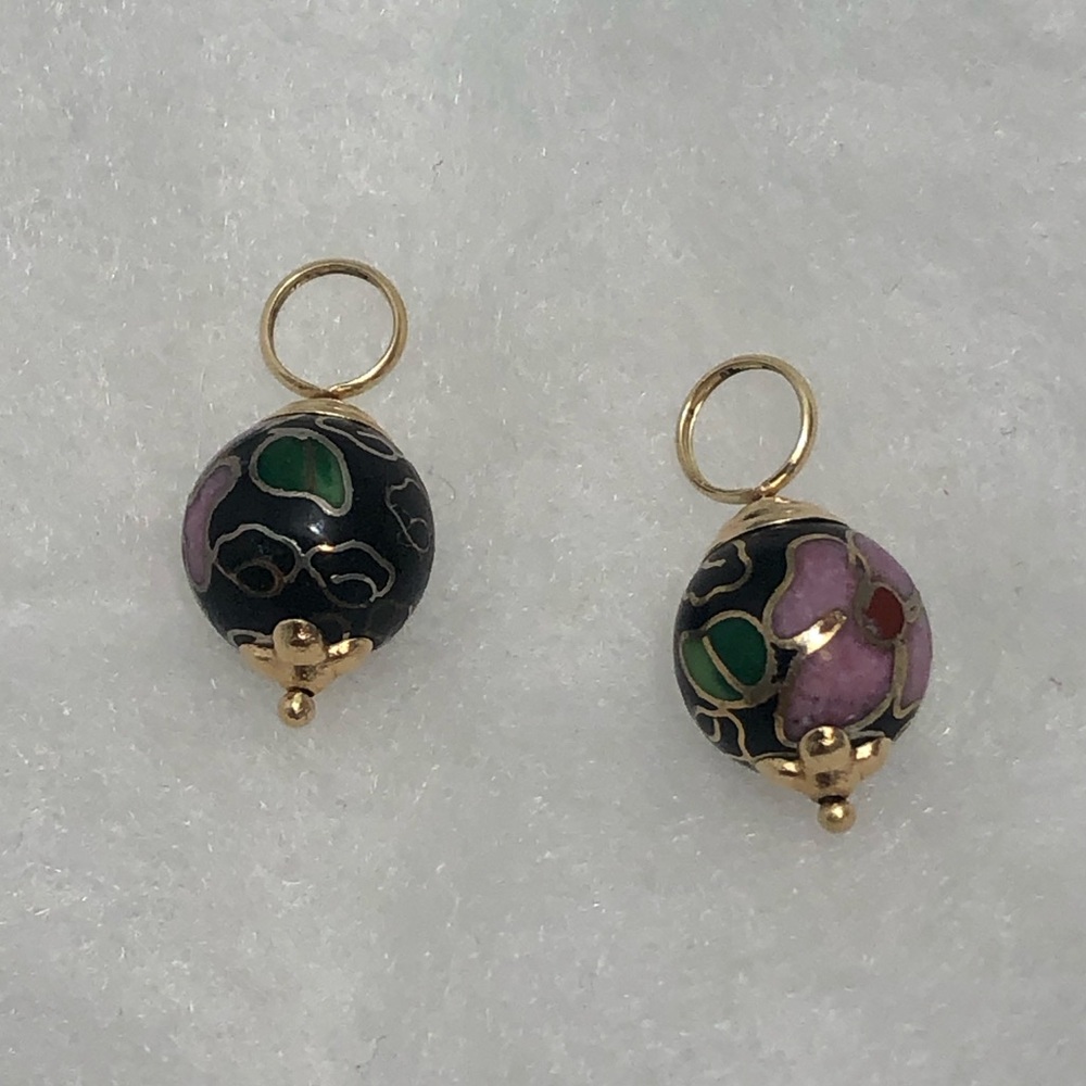 VINTAGE 14K YELLOW GOLD DROP DANGLE CLOISONNE ENAMEL EARRINGS